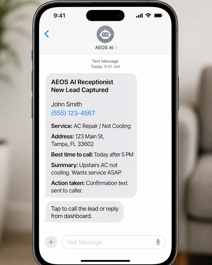 Example text message showing a new lead captured by AEOS
